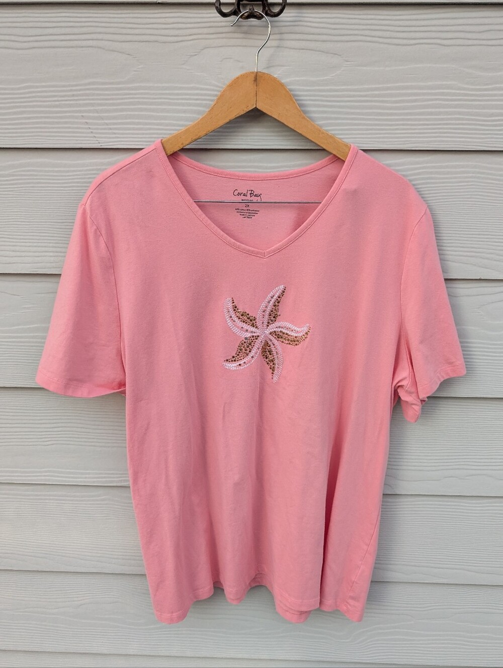 Coral Bay Shirt Size 2X Coral Pink Starfish Cotton Short Sleeve